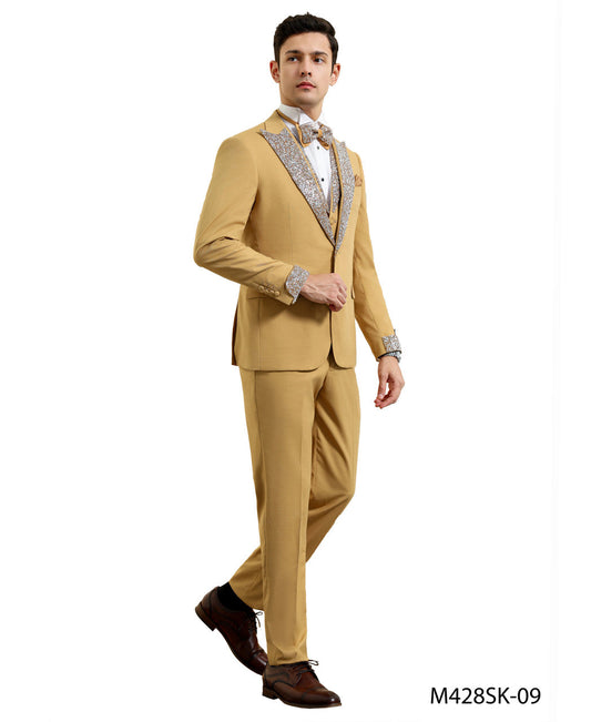 Champagne Stoned Peak Lapel 3 Piece Skinny Fit Men's Suit W/ Matching Bowtie