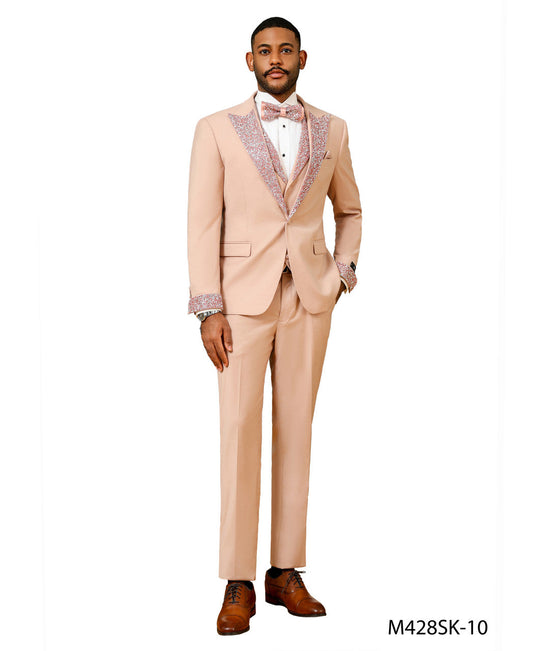 Rose Gold Stoned Peak Lapel 3 Piece Skinny Fit Men's Suit W/ Matching Bowtie