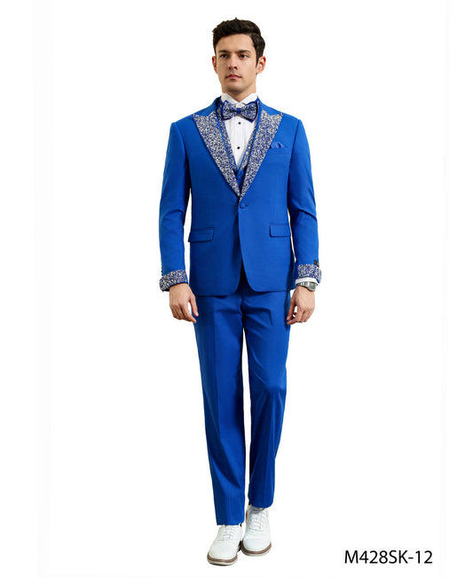 Royal Stoned Peak Lapel 3 Piece Skinny Fit Men's Suit W/ Matching Bowtie