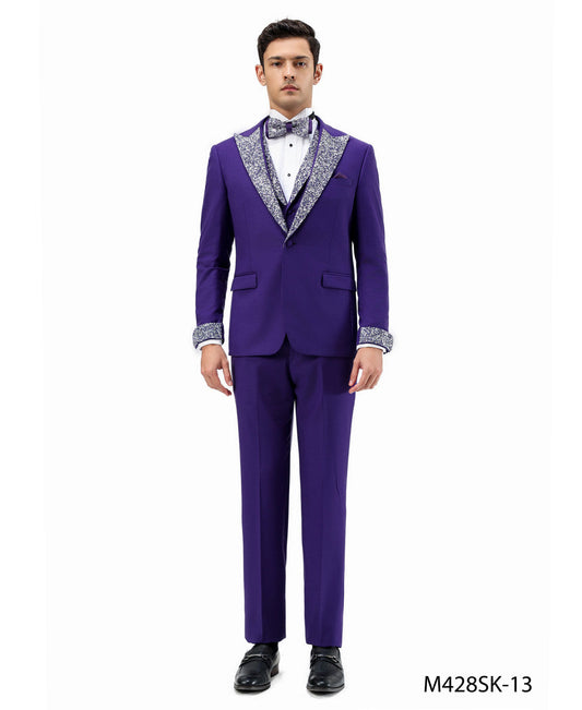 Purple Stoned Peak Lapel 3 Piece Skinny Fit Men's Suit W/ Matching Bowtie