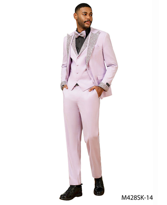 Lavender Stoned Peak Lapel 3 Piece Skinny Fit Men's Suit W/ Matching Bowtie