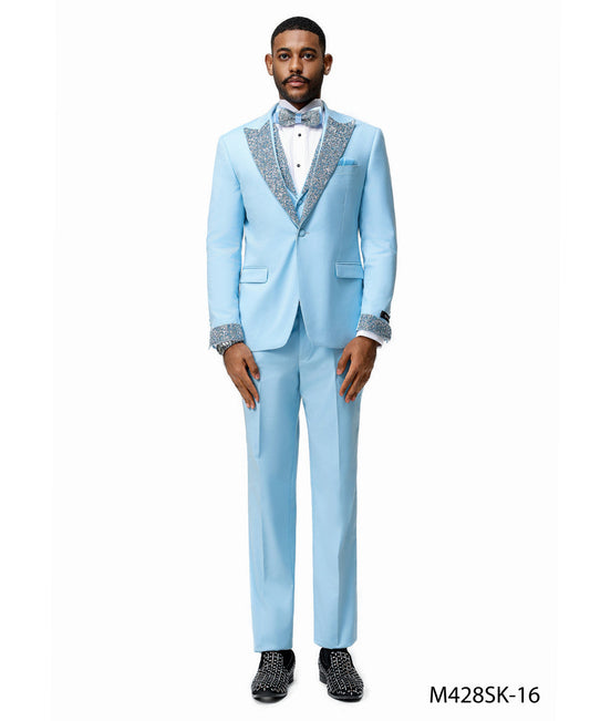 Sky Blue Stoned Peak Lapel 3 Piece Skinny Fit Men's Suit W/ Matching Bowtie