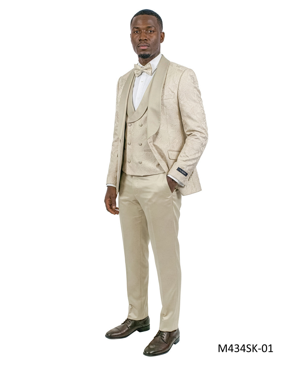 Champagne Jacquard Fabric Wide Satin Shawl Lapel 3 Piece Skinny Fit Fashion Men's Suit