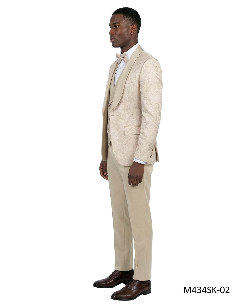 Beige Jacquard Fabric Wide Satin Shawl Lapel 3 Piece Skinny Fit Fashion Men's Suit