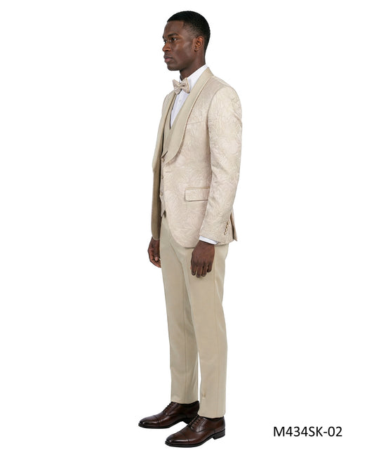Beige Jacquard Fabric Wide Satin Shawl Lapel 3 Piece Skinny Fit Fashion Men's Suit