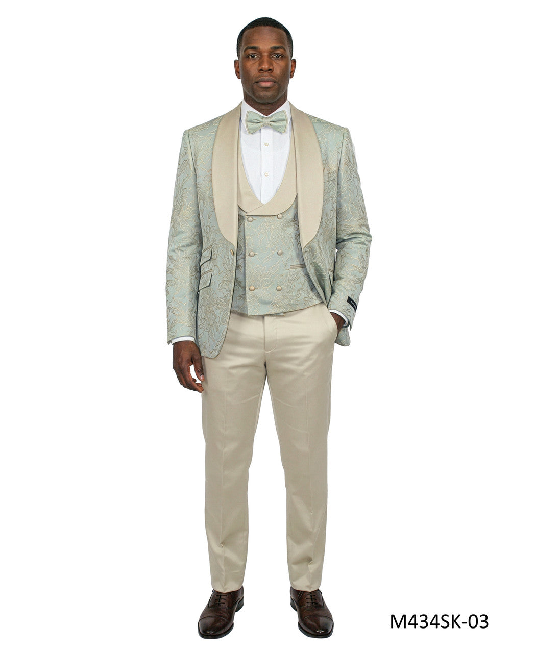 Sage Jacquard Fabric Wide Satin Shawl Lapel 3 Piece Skinny Fit Fashion Men's Suit