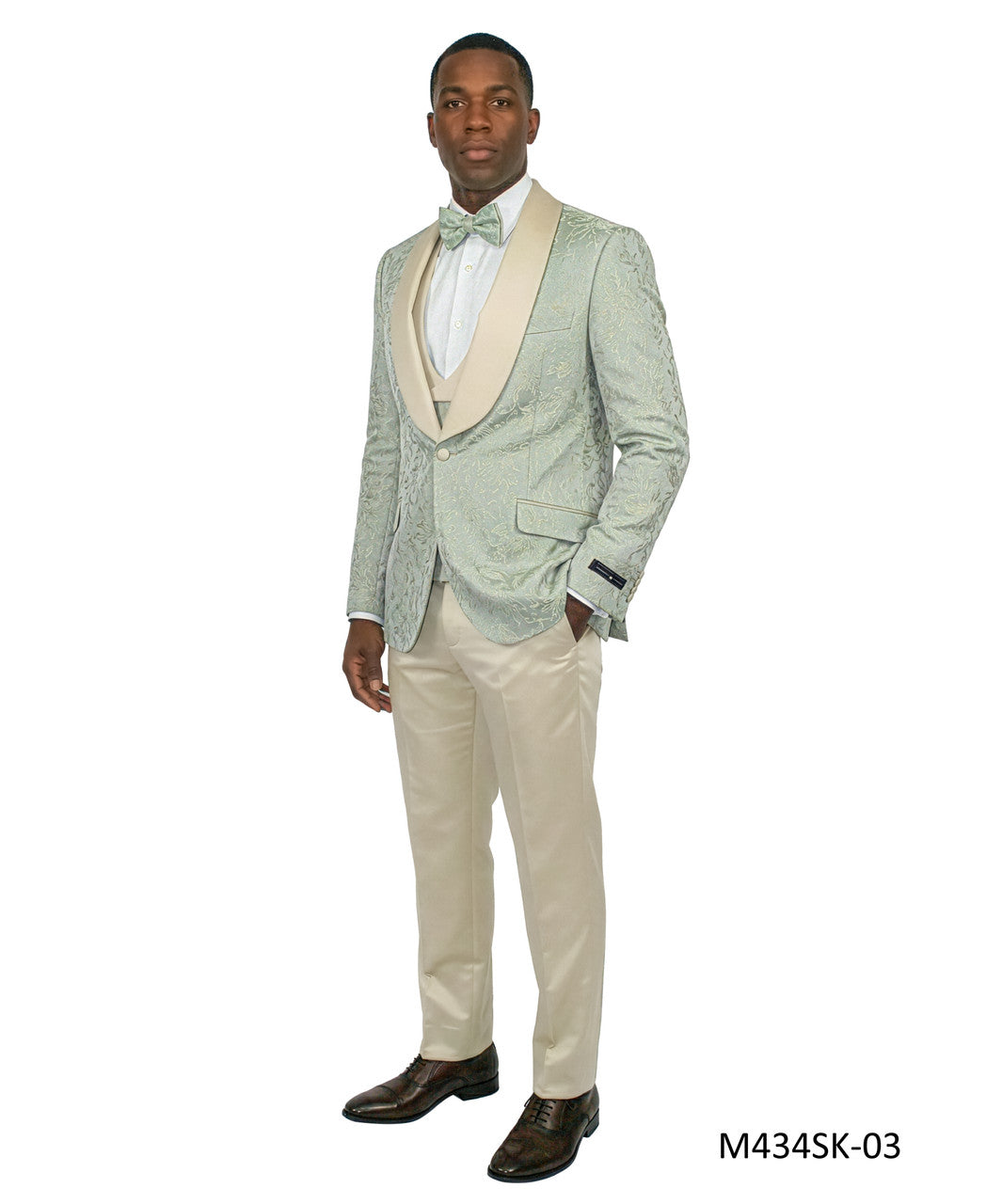 Sage Jacquard Fabric Wide Satin Shawl Lapel 3 Piece Skinny Fit Fashion Men's Suit