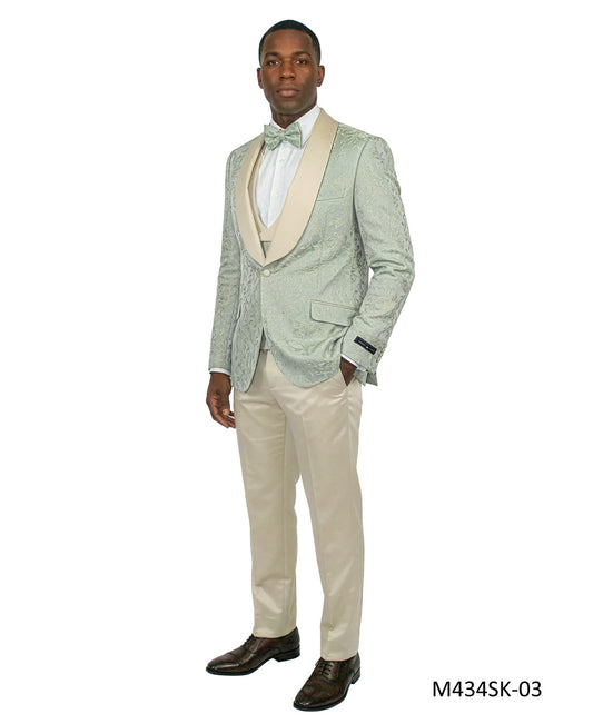 Sage Jacquard Fabric Wide Satin Shawl Lapel 3 Piece Skinny Fit Fashion Men's Suit