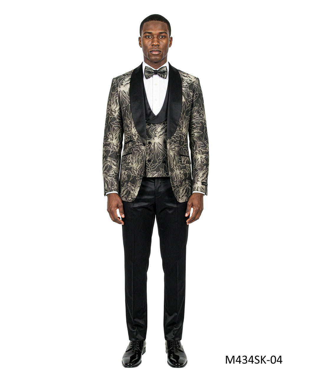 Black Jacquard Fabric Wide Satin Shawl Lapel 3 Piece Skinny Fit Fashion Men's Suit