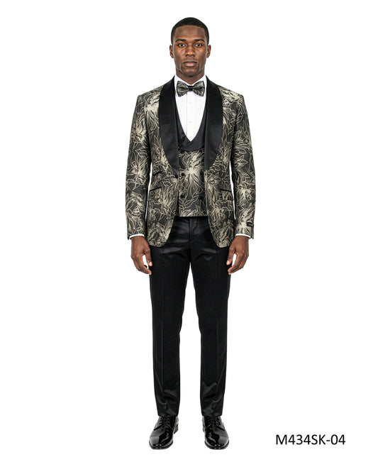 Black Jacquard Fabric Wide Satin Shawl Lapel 3 Piece Skinny Fit Fashion Men's Suit