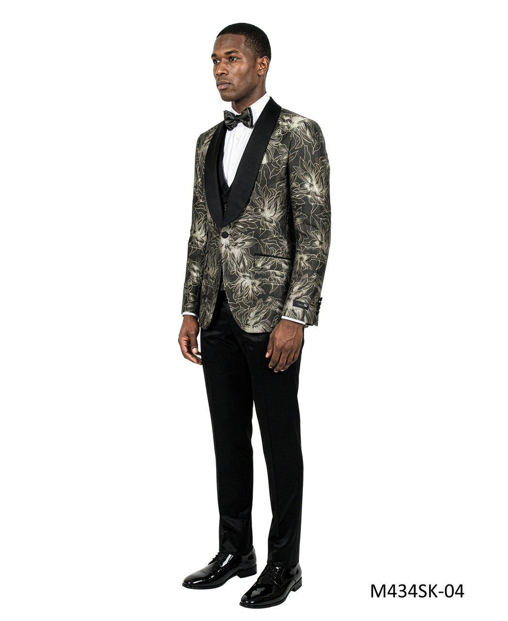 Black Jacquard Fabric Wide Satin Shawl Lapel 3 Piece Skinny Fit Fashion Men's Suit