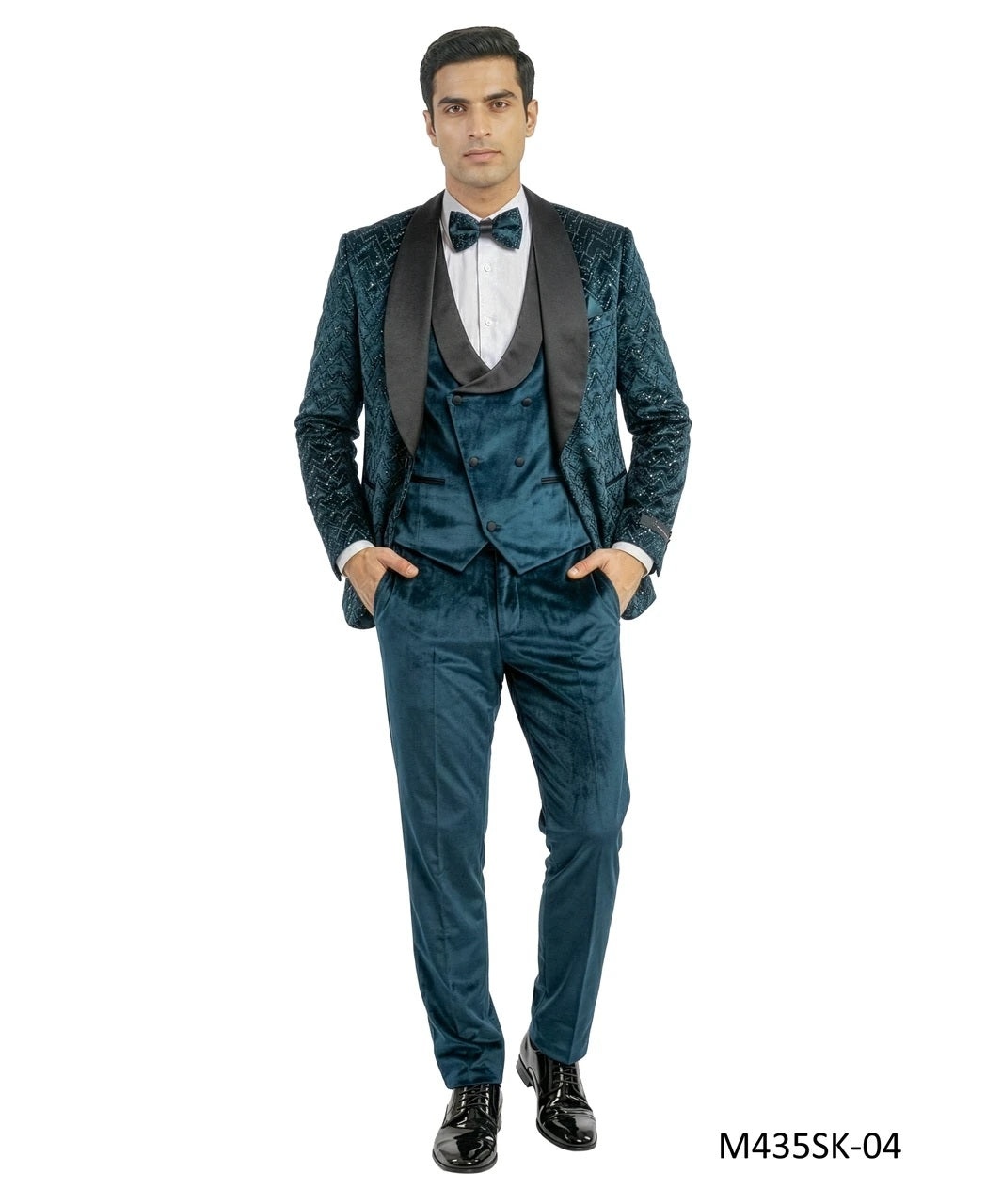 Teal Velvet Sequin Velvet Shawl Lapel 3 Piece Men's Fashion Suit
