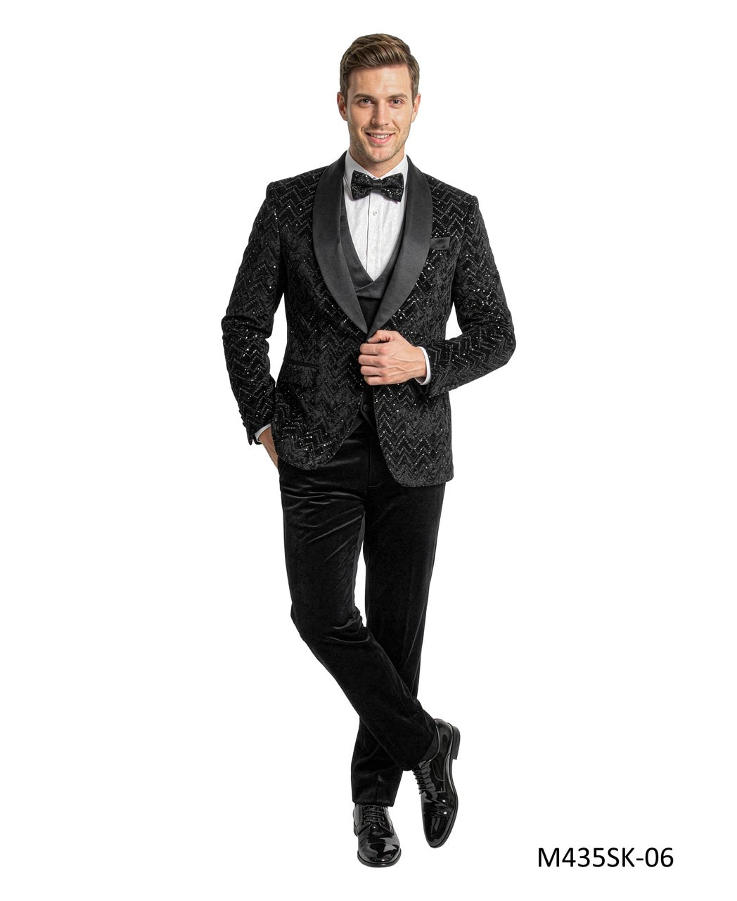Black Velvet Sequin Velvet Shawl Lapel 3 Piece Men's Fashion Suit