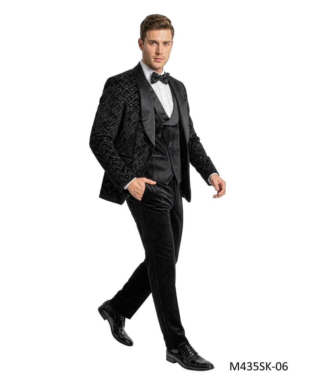 Black Velvet Sequin Velvet Shawl Lapel 3 Piece Men's Fashion Suit