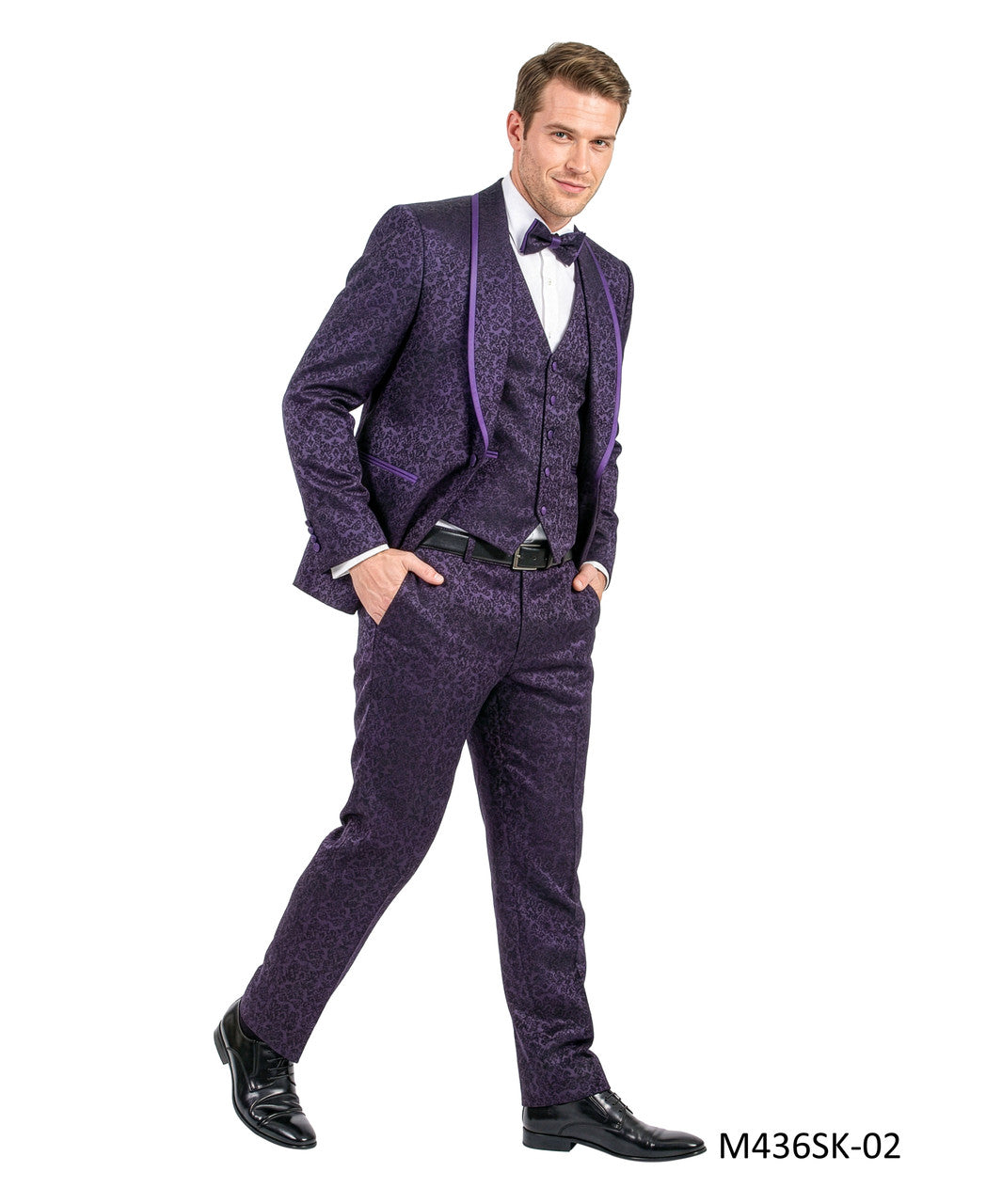 Purple Paisley Shawl Collar w/ Satin Piping 3 Piece Tazzio Men's Fashion Suit