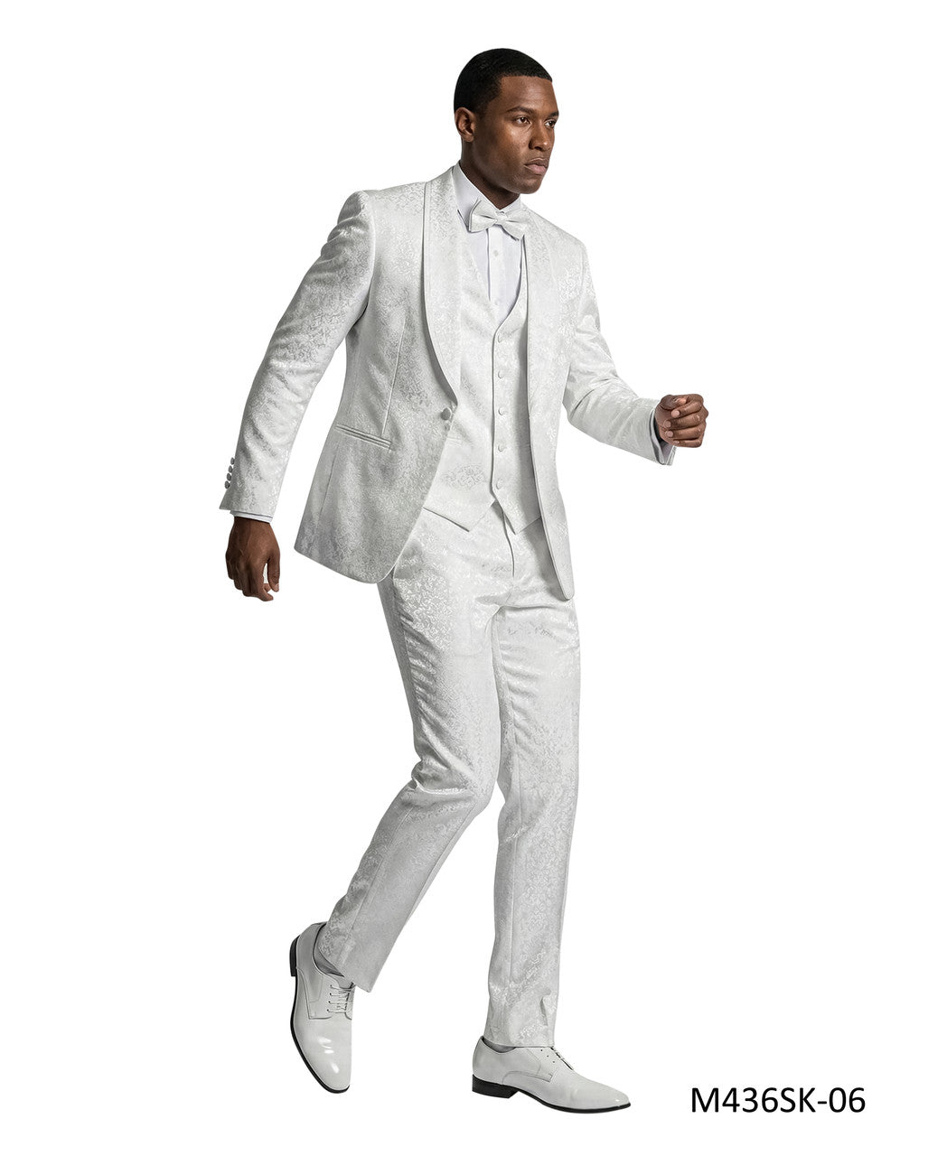 White Paisley Shawl Collar w/ Satin Piping 3 Piece Tazzio Men's Fashion Suit