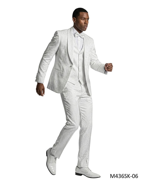 White Paisley Shawl Collar w/ Satin Piping 3 Piece Tazzio Men's Fashion Suit