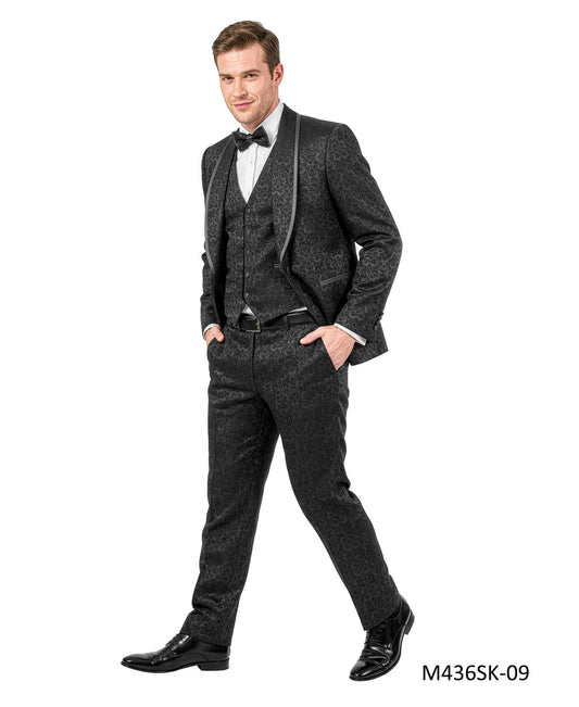 Black Paisley Shawl Collar w/ Satin Piping 3 Piece Tazzio Men's Fashion Suit