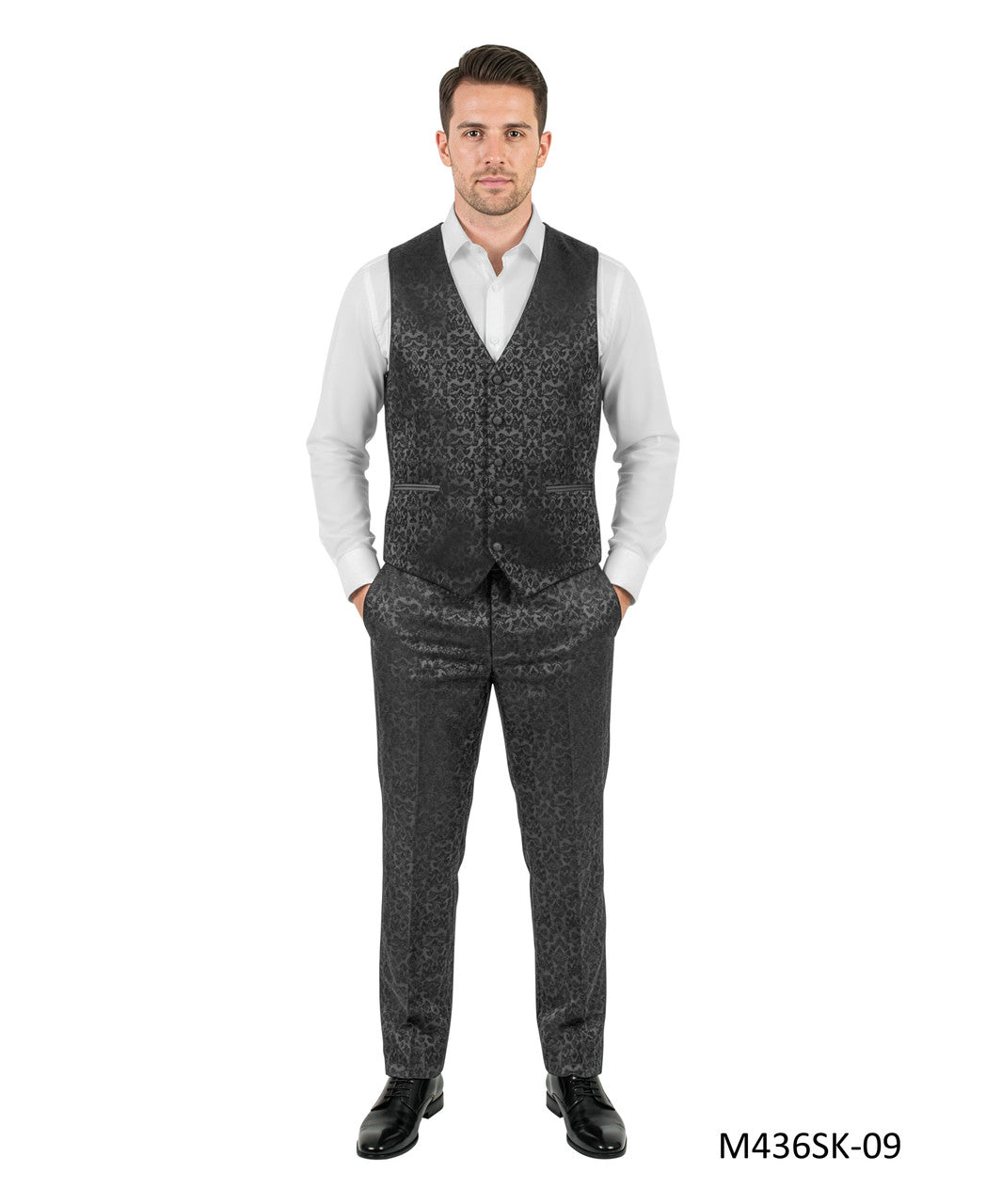 Black Paisley Shawl Collar w/ Satin Piping 3 Piece Tazzio Men's Fashion Suit