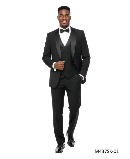 Solid Black Wide Shawl Lapel 3 Piece Skinny Fit Men's Suit
