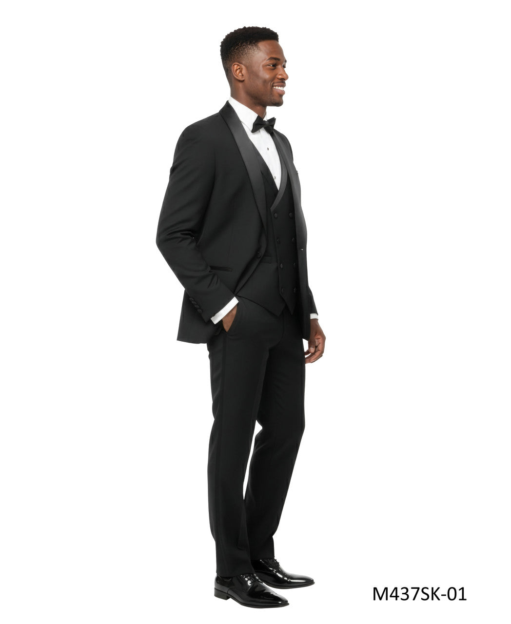 Solid Black Wide Shawl Lapel 3 Piece Skinny Fit Men's Suit