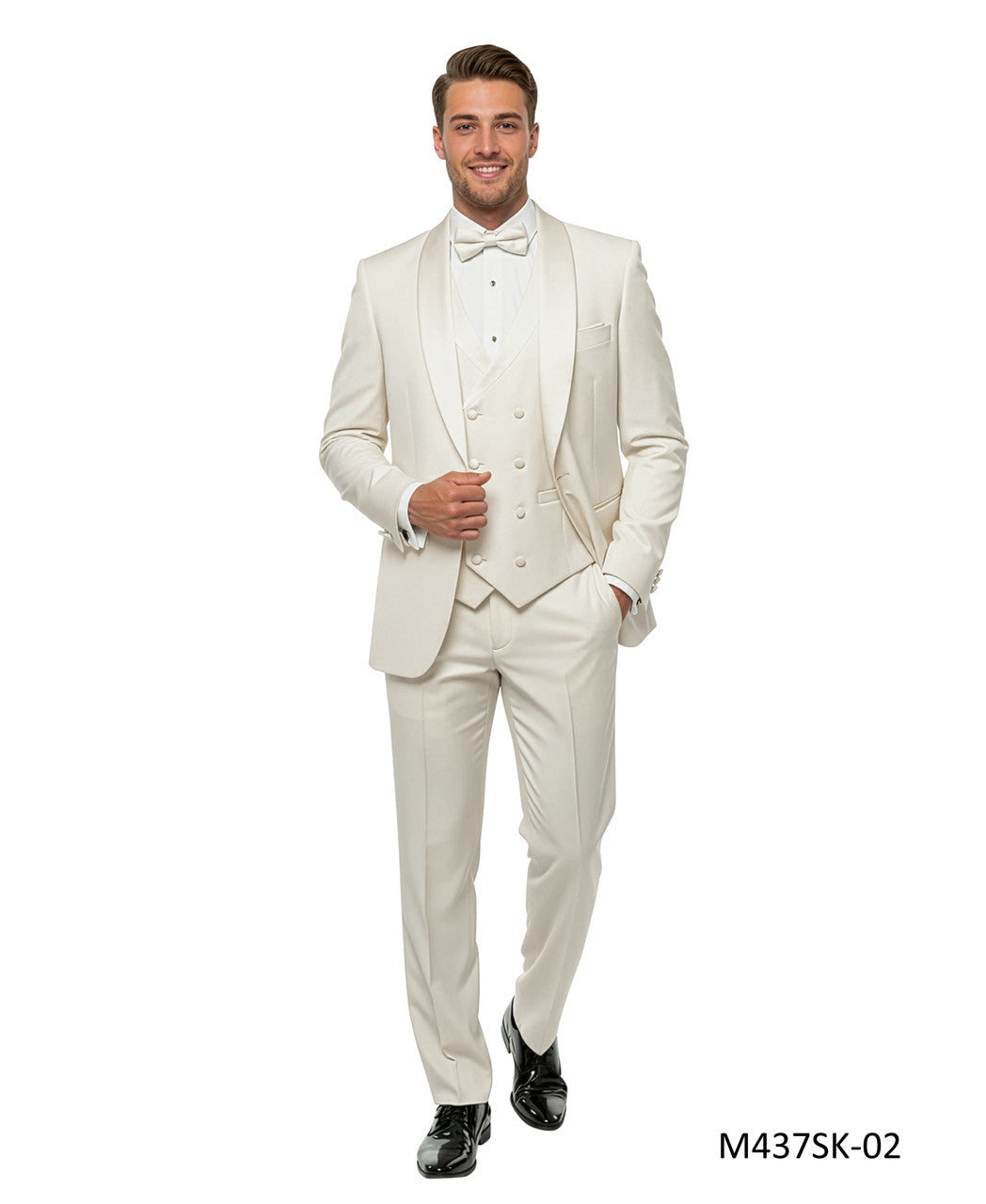 Solid Ivory Wide Shawl Lapel 3 Piece Skinny Fit Men's Suit