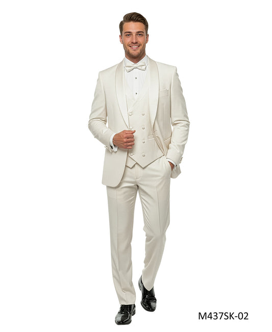 Solid Ivory Wide Shawl Lapel 3 Piece Skinny Fit Men's Suit