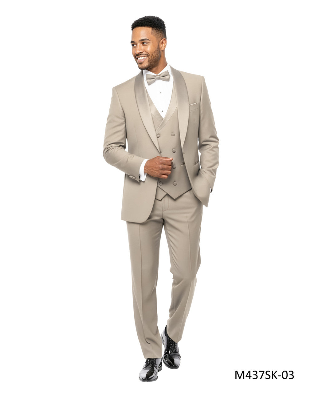 Solid Beige Wide Shawl Lapel 3 Piece Skinny Fit Men's Suit
