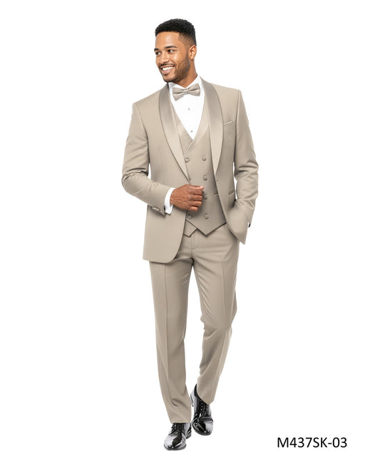Solid Beige Wide Shawl Lapel 3 Piece Skinny Fit Men's Suit