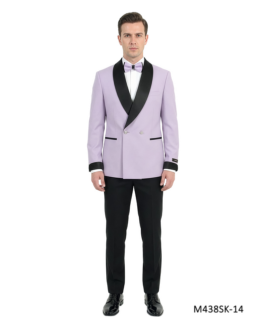 Lavender Double Breasted Wide Satin Shawl Lapel w/ Gold Bottons 2 Piece Skinny Fit Men's Suit