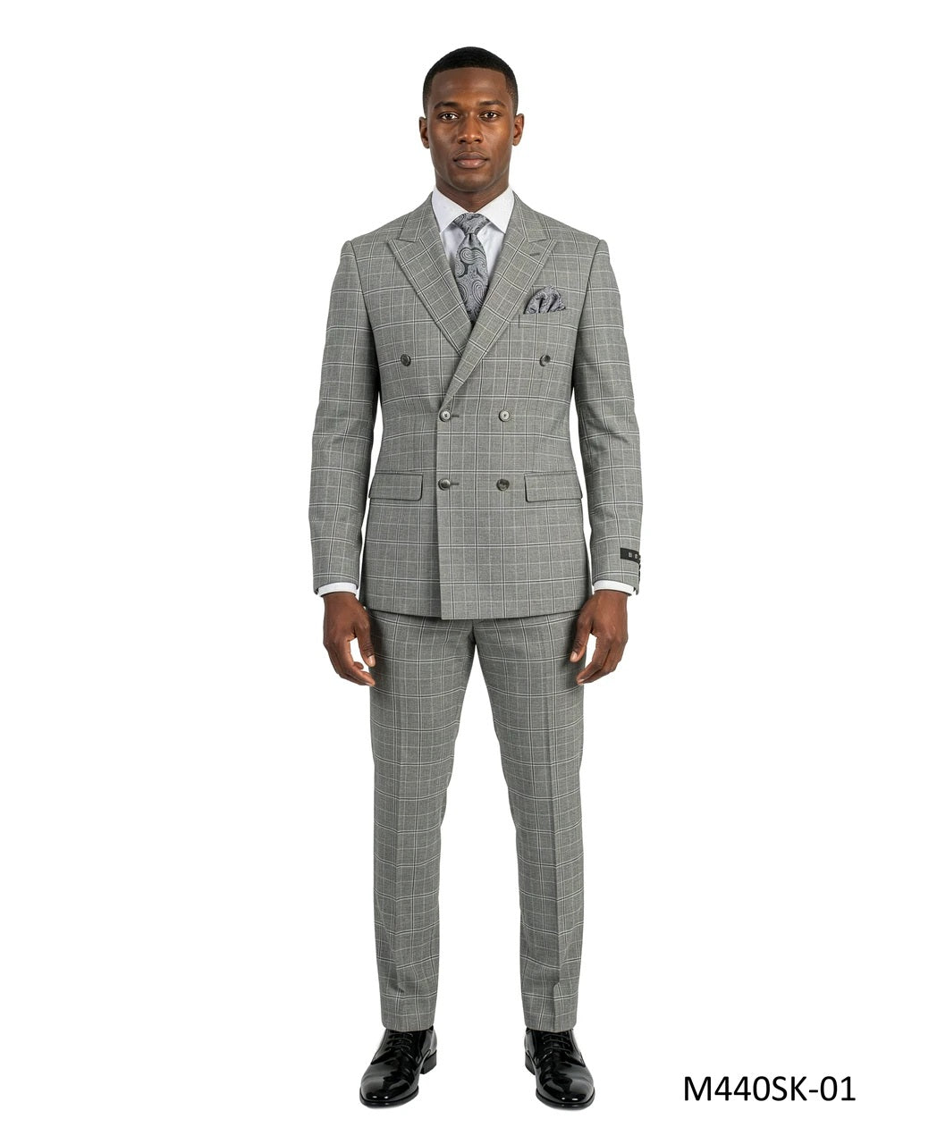 Grey Double Breasted Peak Lapel Windowpane Plaid 2 Piece Skinny Fit Men's Suit