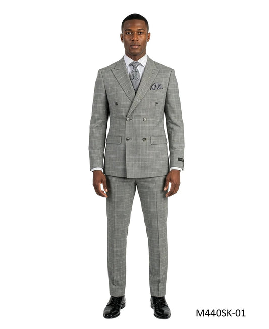 Grey Double Breasted Peak Lapel Windowpane Plaid 2 Piece Skinny Fit Men's Suit