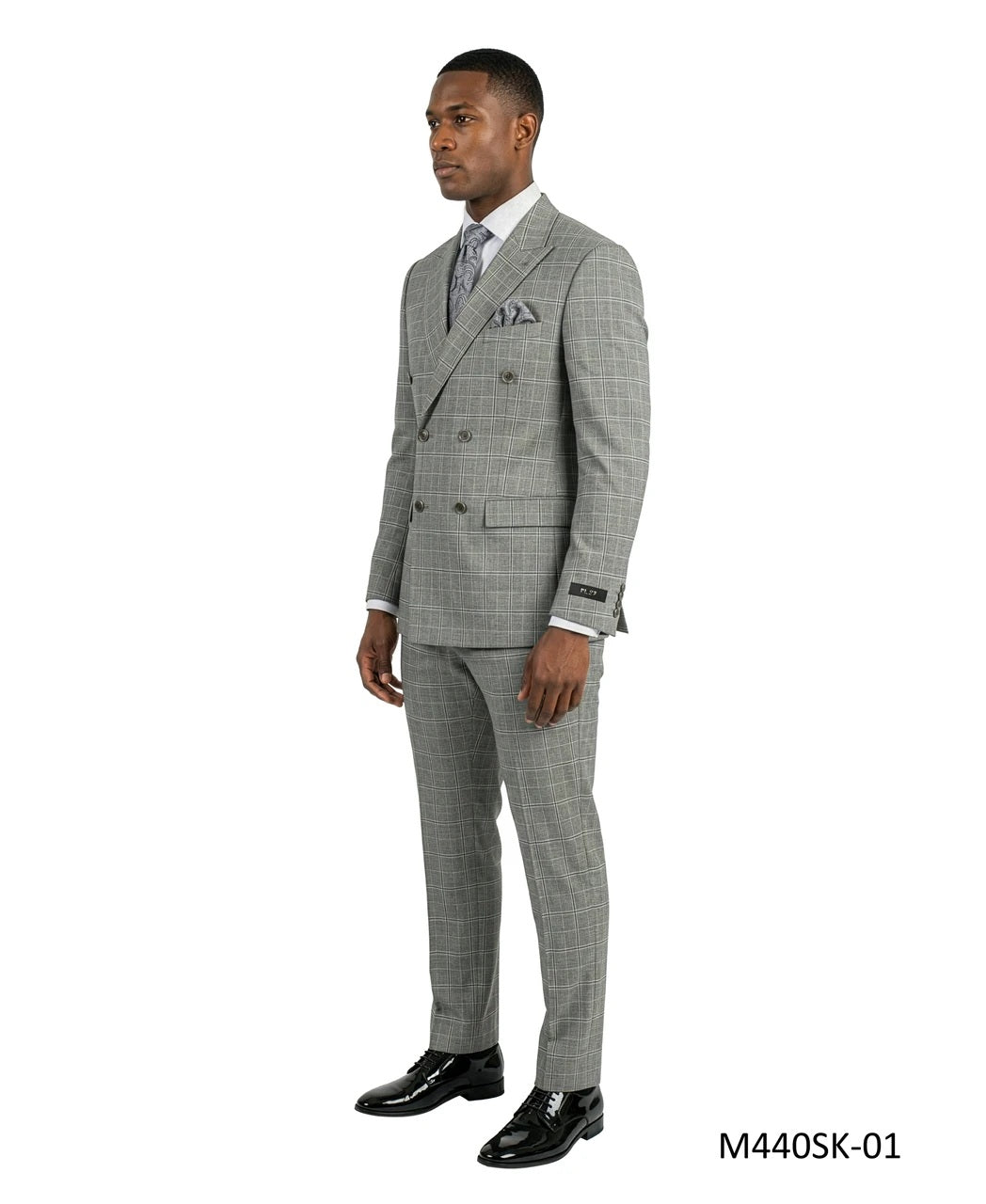 Grey Double Breasted Peak Lapel Windowpane Plaid 2 Piece Skinny Fit Men's Suit