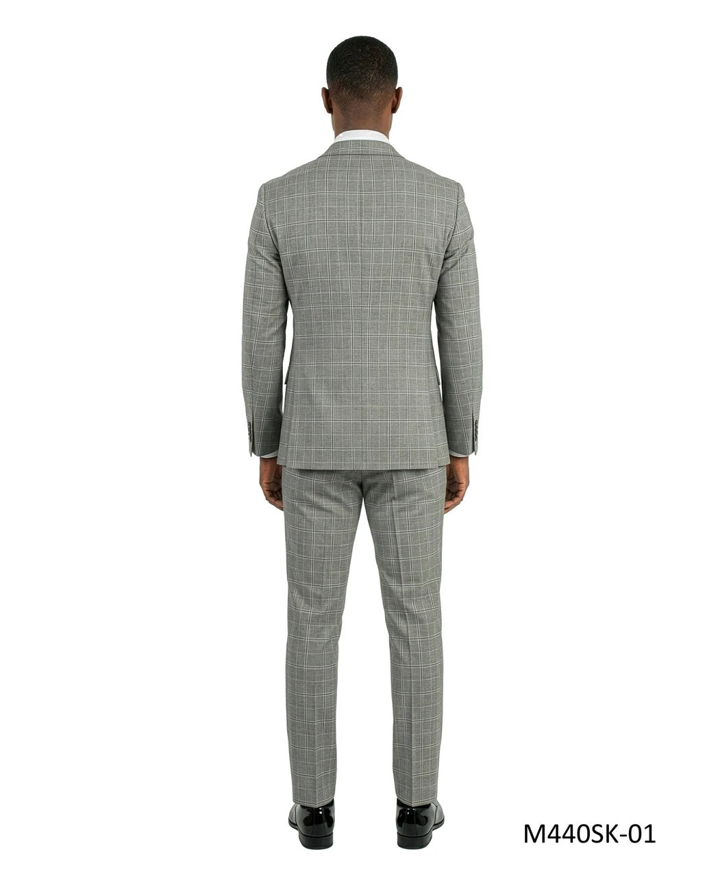 Grey Double Breasted Peak Lapel Windowpane Plaid 2 Piece Skinny Fit Men's Suit