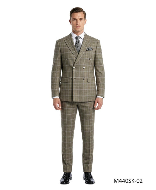 Tan Double Breasted Peak Lapel Windowpane Plaid 2 Piece Skinny Fit Men's Suit