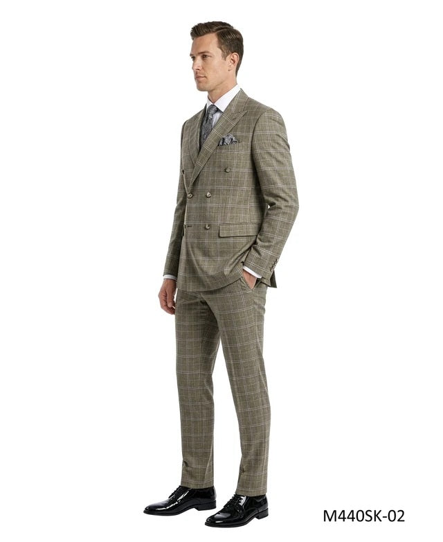 Tan Double Breasted Peak Lapel Windowpane Plaid 2 Piece Skinny Fit Men's Suit