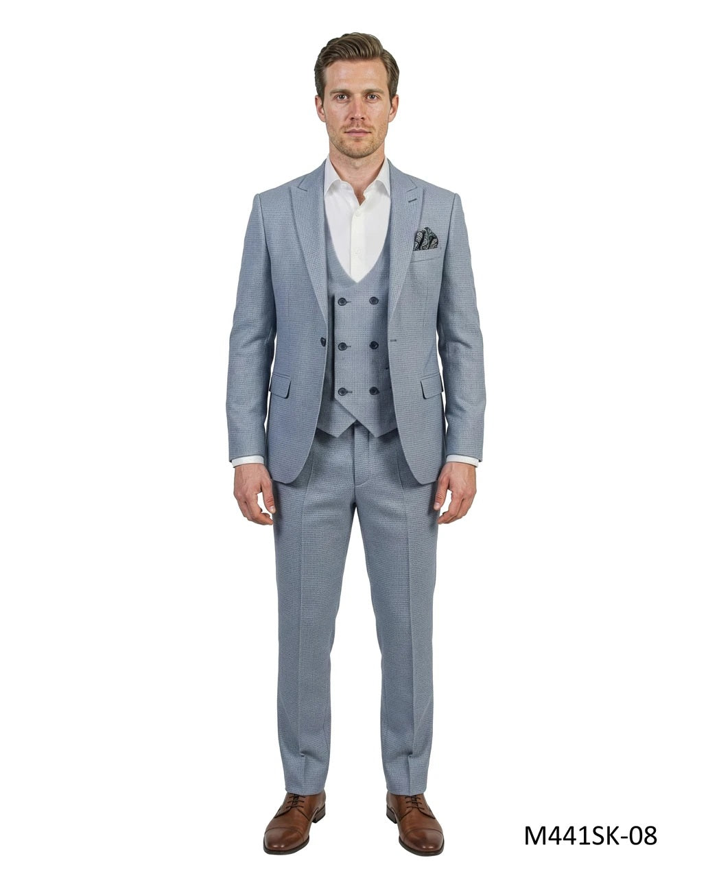 Blue Birdseye Peak Lapel 3 Piece Skinny Fit Men's Suit