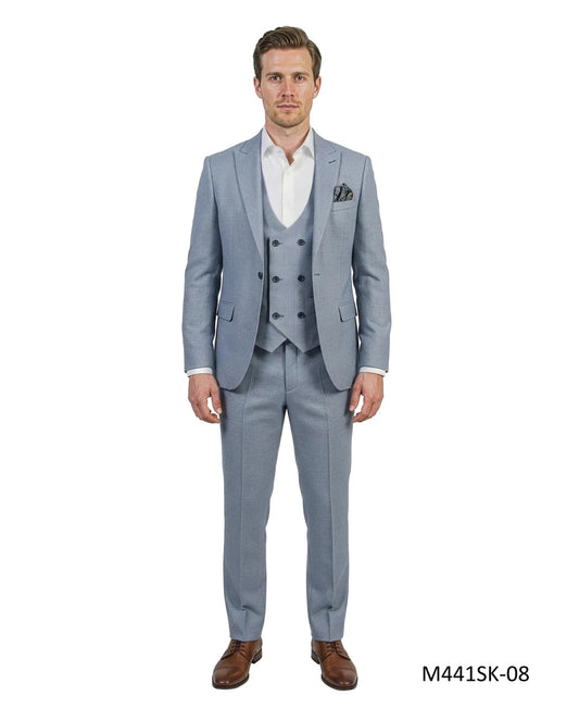 Blue Birdseye Peak Lapel 3 Piece Skinny Fit Men's Suit
