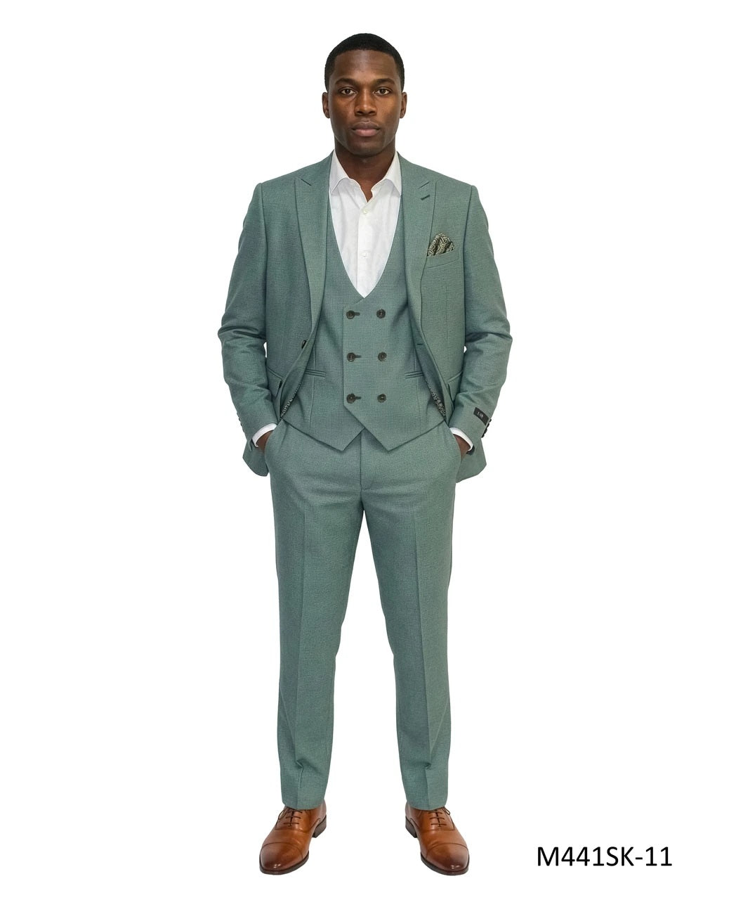 Green Birdseye Peak Lapel 3 Piece Skinny Fit Men's Suit