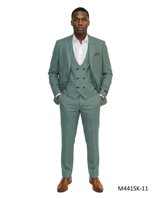 Green Birdseye Peak Lapel 3 Piece Skinny Fit Men's Suit