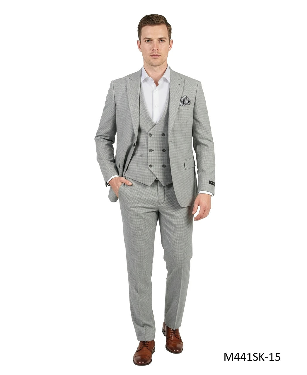 Light Grey Birdseye Peak Lapel 3 Piece Skinny Fit Men's Suit