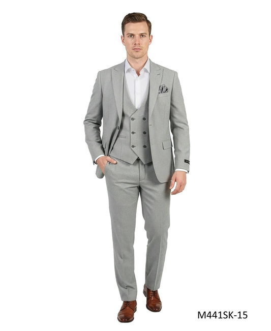 Light Grey Birdseye Peak Lapel 3 Piece Skinny Fit Men's Suit