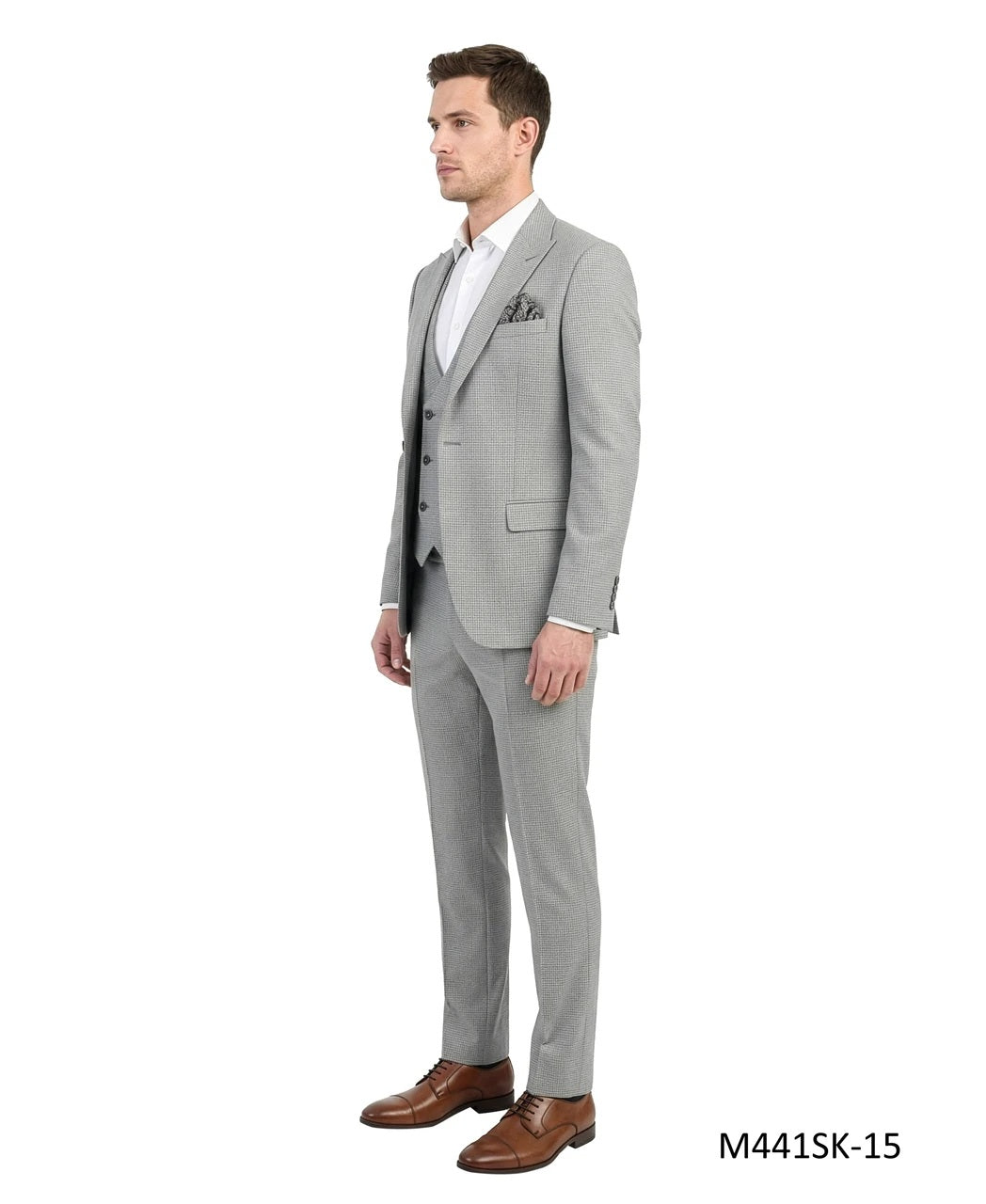 Light Grey Birdseye Peak Lapel 3 Piece Skinny Fit Men's Suit