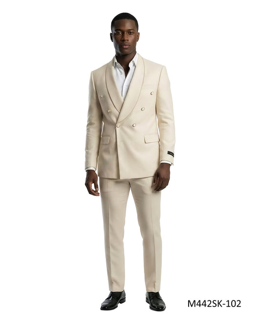 Tan Double Breasted Wide Shawl Lapel 2 Piece Skinny Fit Men's Suit