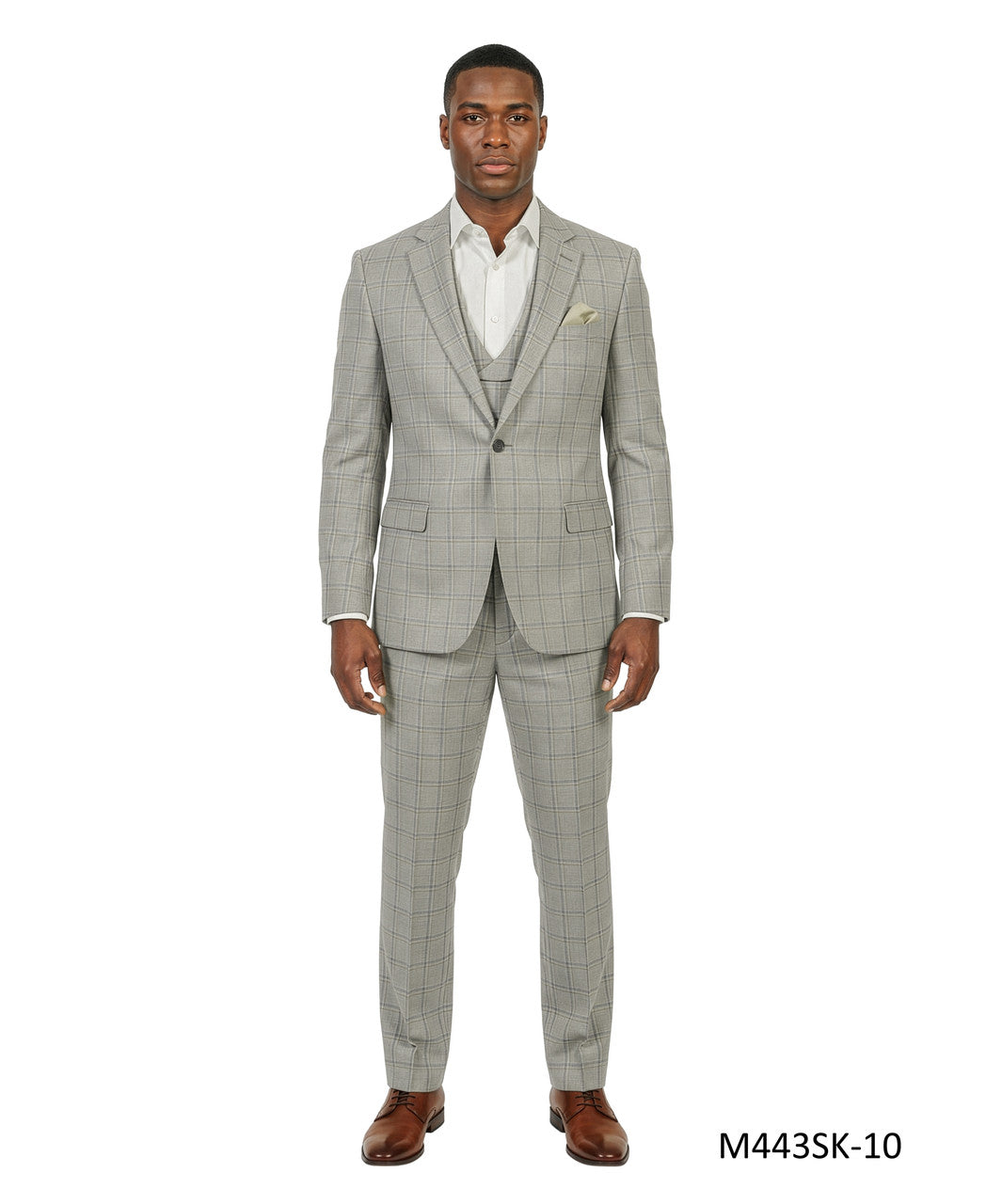 Grey / Green Plaid Notch Lapel 3 Piece Skinny Fit Men's Suit