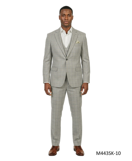 Grey / Green Plaid Notch Lapel 3 Piece Skinny Fit Men's Suit
