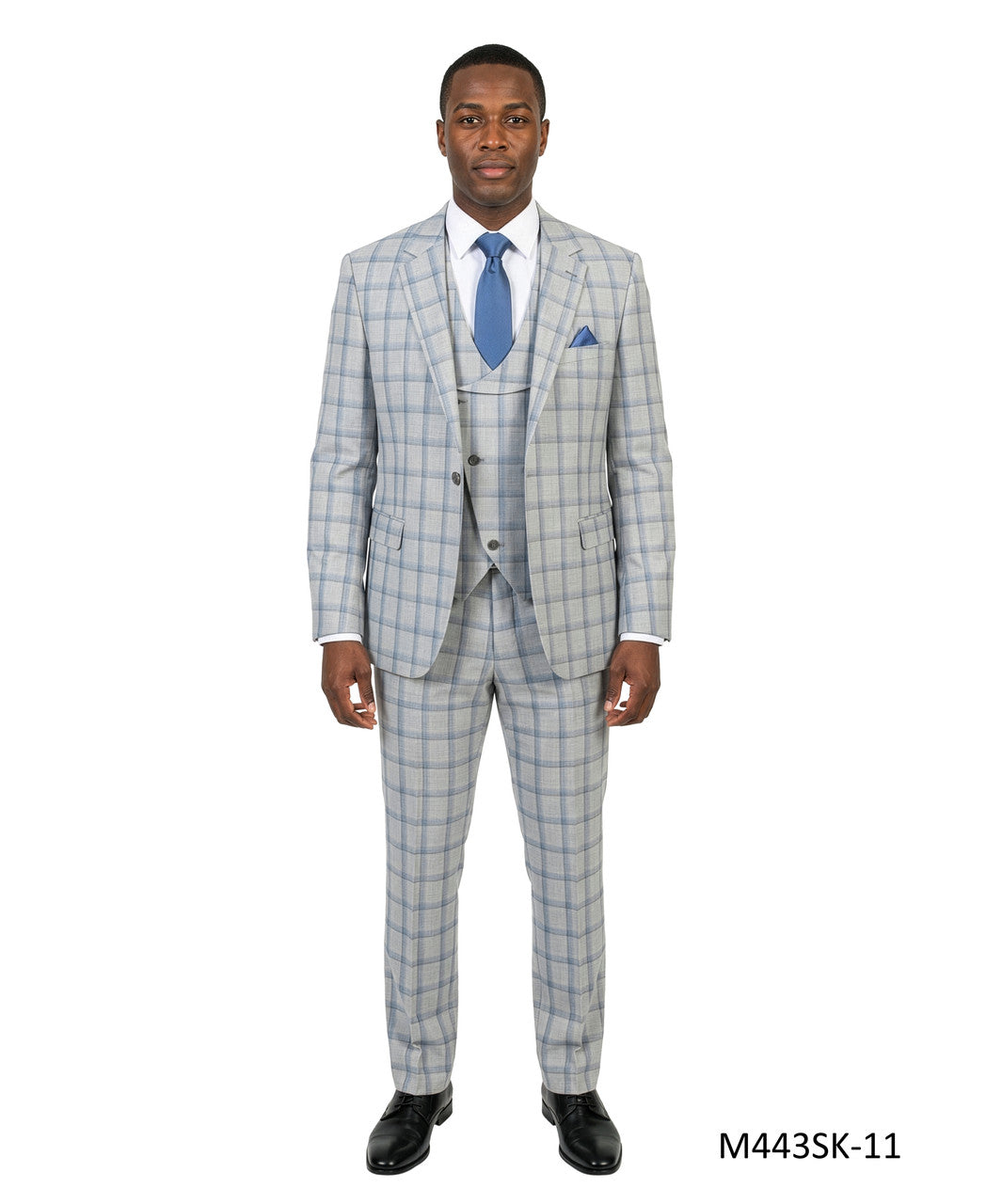 Grey / Blue Plaid Notch Lapel 3 Piece Skinny Fit Men's Suit