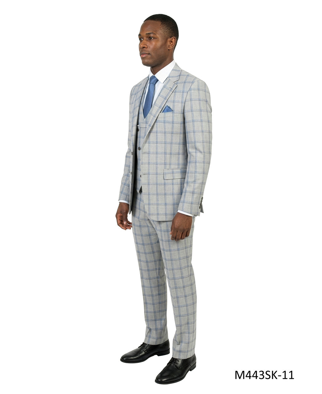 Grey / Blue Plaid Notch Lapel 3 Piece Skinny Fit Men's Suit