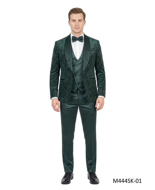 Hunter Green Velvet Sequin Satin Shawl Lapel 3 Piece Men's Fashion Suit
