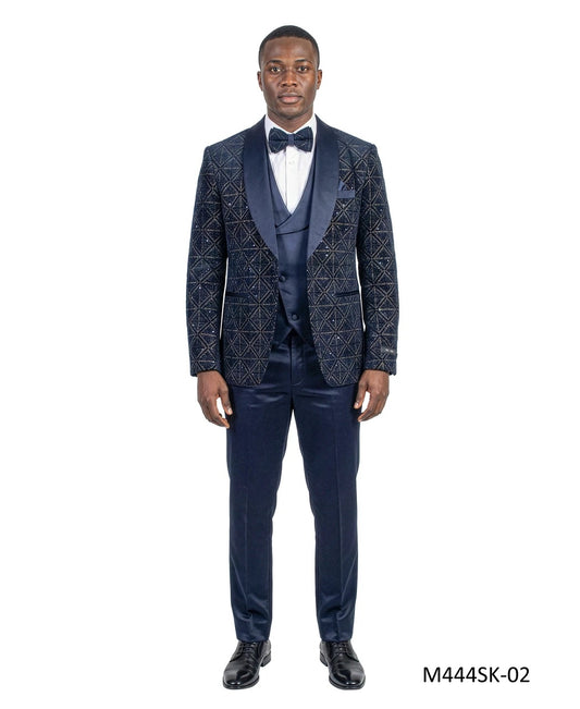 Navy Velvet Sequin Satin Shawl Lapel 3 Piece Men's Fashion Suit